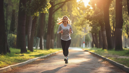 Young woman running in the park at morning. Healthy lifestyle concept.の素材