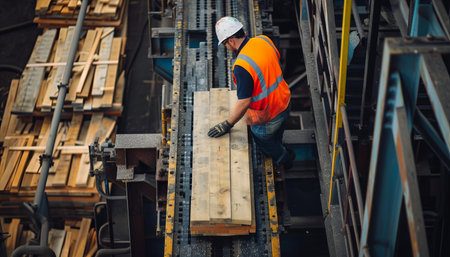 High angle view of mature warehouse worker carrying wooden plank on rack in warehouseの素材