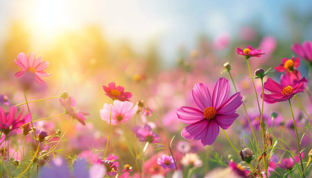 Cosmos flowers blooming in the garden with sunlight. Nature backgroundの素材
