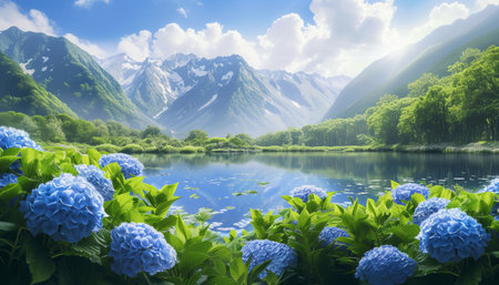 Hydrangea flower blooming on the lake with mountains in the backgroundの素材