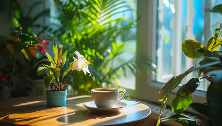 Coffee cup and flower on table in coffee shop, stock photoの素材