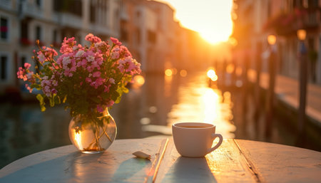 Cup of coffee and flowers on the table in Venice, Italyの素材