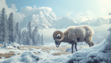 Sheep in the mountains in winter. 3D Rendering.の素材
