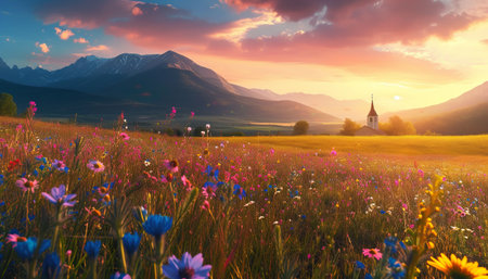 Colorful summer landscape with blooming meadow and church at sunsetの素材