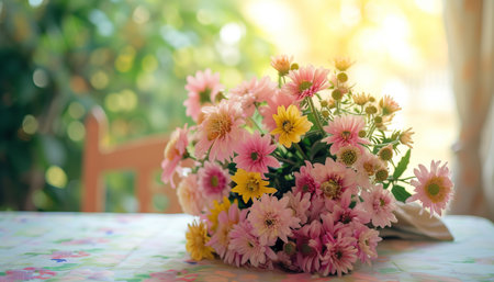 Bouquet of colorful flowers on a table in the sunlight.の素材