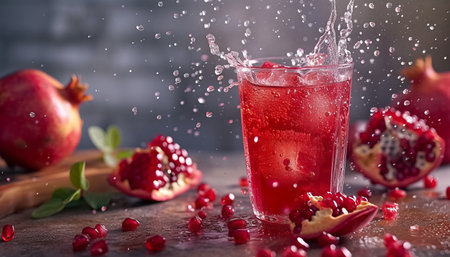 Pomegranate juice with splashes and drops on a dark backgroundの素材