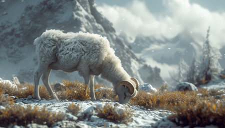 Sheep in the mountains. Winter landscape with sheep. Snowy mountains.の素材