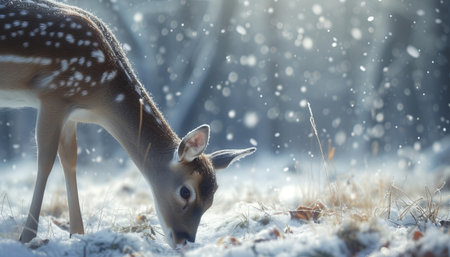 Fallow deer in winter forest with snow and falling snowflakesの素材