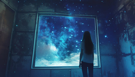 Young woman looking at the night sky through a window. 3D renderingの素材