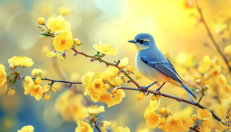 Beautiful blue bird on a branch of blooming yellow flowers.の素材