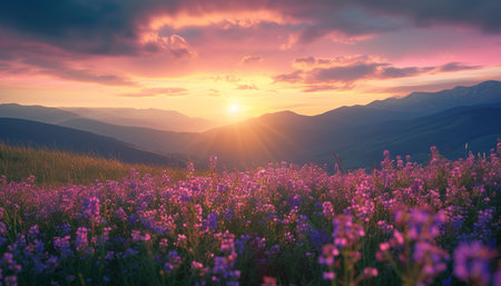 Colorful summer sunset in the mountains. Landscape with blooming meadowの素材