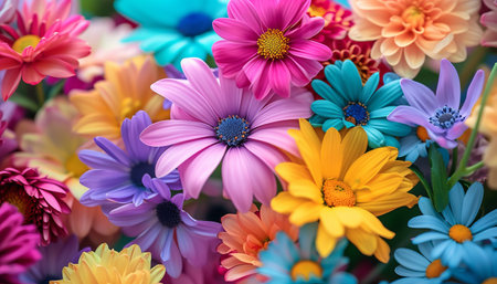 Colorful daisies background. Close up of colorful flowers.の素材