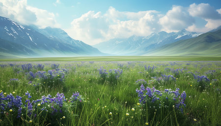 Beautiful meadow with blue lupins and mountains in the backgroundの素材