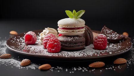 Chocolate macaroons with raspberries and almonds on a black backgroundの素材