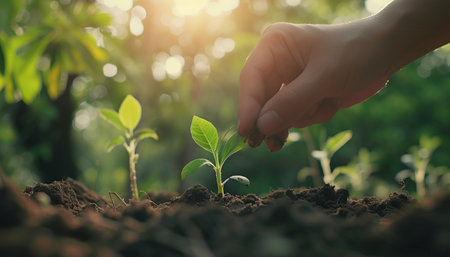 Human hand planting young plant in fertile soil with sunlight background. Ecology concept.の素材