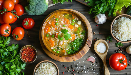 Vegetable soup with rice and vegetables on a wooden background.の素材