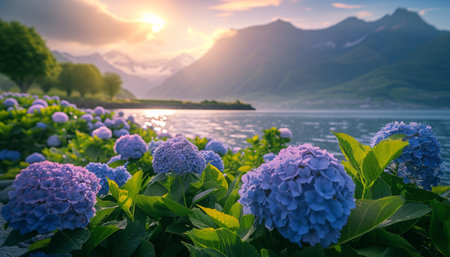 Hydrangea flowers at Lake Lucerne in Switzerland at sunsetの素材
