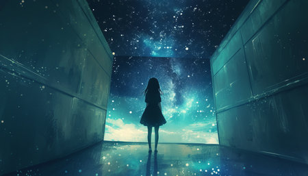 Woman in darkness looking at the milky way. Mixed media. Mixed mediaの素材