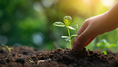 Human hand holding green seedling growing from soil on blurred nature backgroundの素材