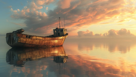 Abandoned fishing boat in the sea at sunset. 3d renderの素材