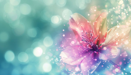 Abstract spring background with pink flower and bokeh lights. Floral designの素材