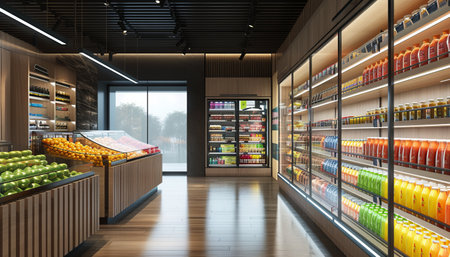 3d rendering interior of a supermarket with fresh fruits and vegetables on shelvesの素材