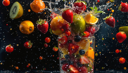Fruit and berries splashing into a glass of water on a black backgroundの素材