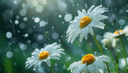 White daisies with raindrops on bokeh background.の素材