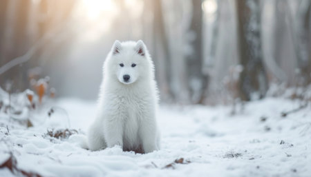 Beautiful Samoyed dog sitting in the snow in winter forestの素材
