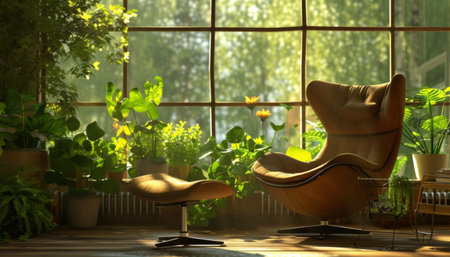 Comfortable armchair in room with beautiful plants, 3d renderingの素材