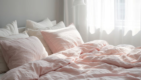Closeup of pink pillows on a bed in a modern bedroomの素材