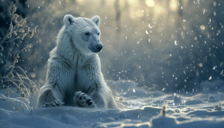 Polar bear (Ursus maritimus) sitting on snow in winter forestの素材