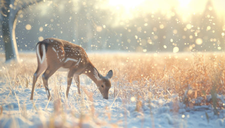 Fallow deer in the snowy meadow at sunset with falling snowの素材