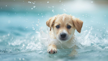 Cute golden retriever dog swimming in the pool with splashesの素材