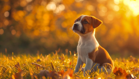 Adorable beagle puppy sitting in the autumn park. Selective focus.の素材