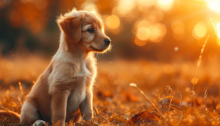 Cute golden retriever puppy sitting in the autumn park at sunsetの素材