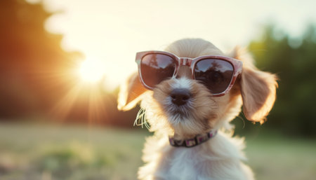 Cute puppy with sunglasses in the park in the sunset time.の素材