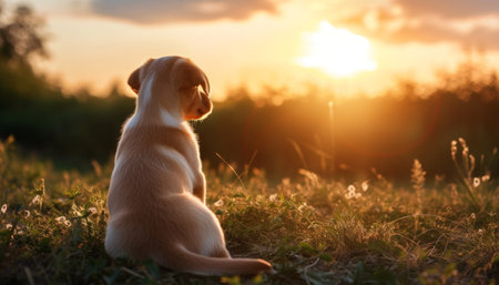 Labrador retriever puppy sitting on the grass in the sunset.の素材
