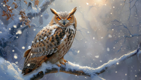 Long-eared owl in winter forest. Owl in winter forest.の素材