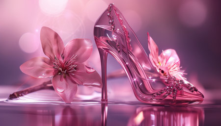 Fashion shoes and pink flower in water, 3d illustration.の素材