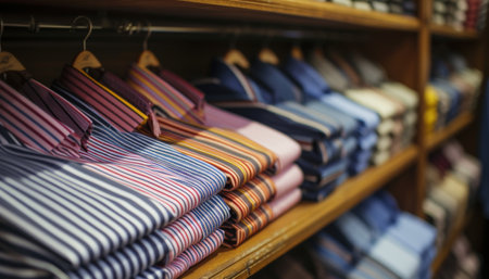 Men's shirts on a shelf in a shop. Shallow depth of fieldの素材