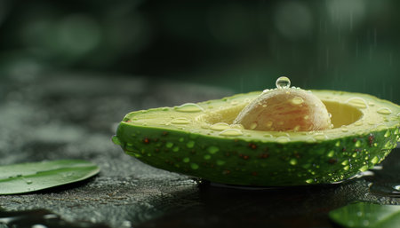 Fresh ripe avocado with drops of water on wooden table, closeupの素材