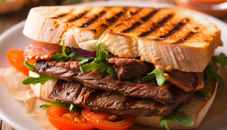 Grilled beef sandwich with arugula and tomato on wooden backgroundの素材