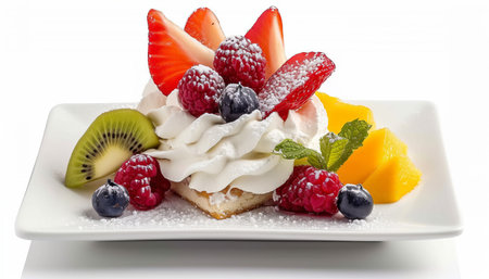Meringue cake with fresh fruit and whipped cream on white backgroundの素材
