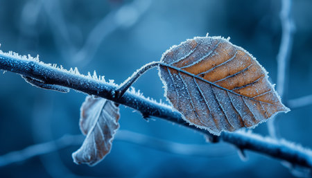 Frosted leaves on a tree branch in winter. Blue tonedの素材
