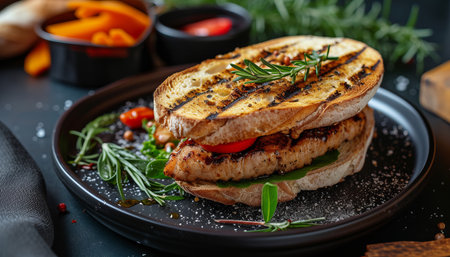 Grilled turkey sandwich with tomato and herbs on a dark background.の素材