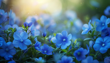 Beautiful blue flowers in the garden on a sunny day. Floral backgroundの素材