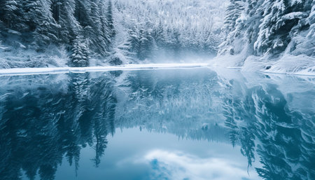 Beautiful winter landscape with frozen lake and snow-covered forest.