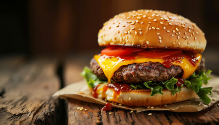 Cheese burger - American cheese burger with fresh salad on wooden backgroundの素材