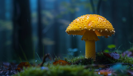 Amanita muscaria mushroom in the forest with moss and fogの素材